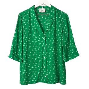 Just Female Elvira Green Bird Print Button Down Viscose Shirt Women Sz S